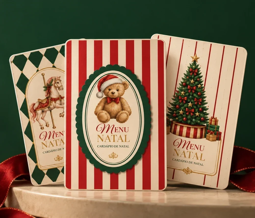 Três capas do Menu Natal num pedestal de mármore com fita vermelha