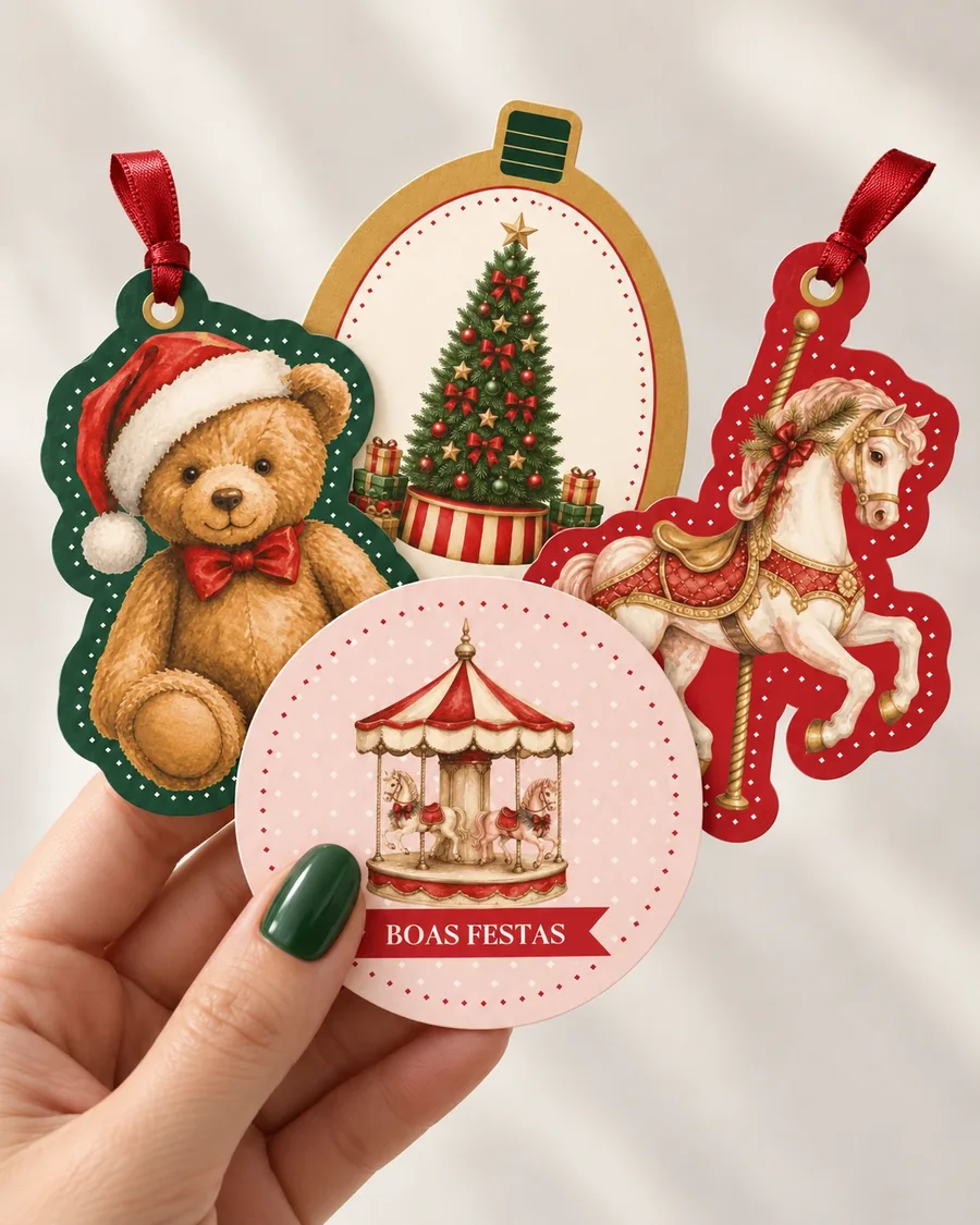 Mão segurando tags impressas do ursinho, da árvore e do cavalo de carrossel, e um adesivo redondo do carrossel escrito Boas Festas